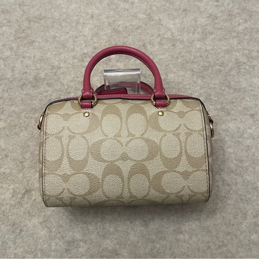 Coach Mini Rowan Signature Tan Canvas Pink Rogue Leather Trim Crossbody Bag